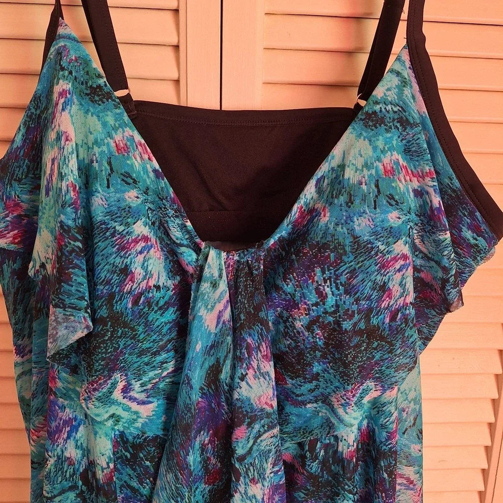 Mazu Swim Blue Sheer Print Tankini Womens 24W Padded Bust Adjustable Straps Knit